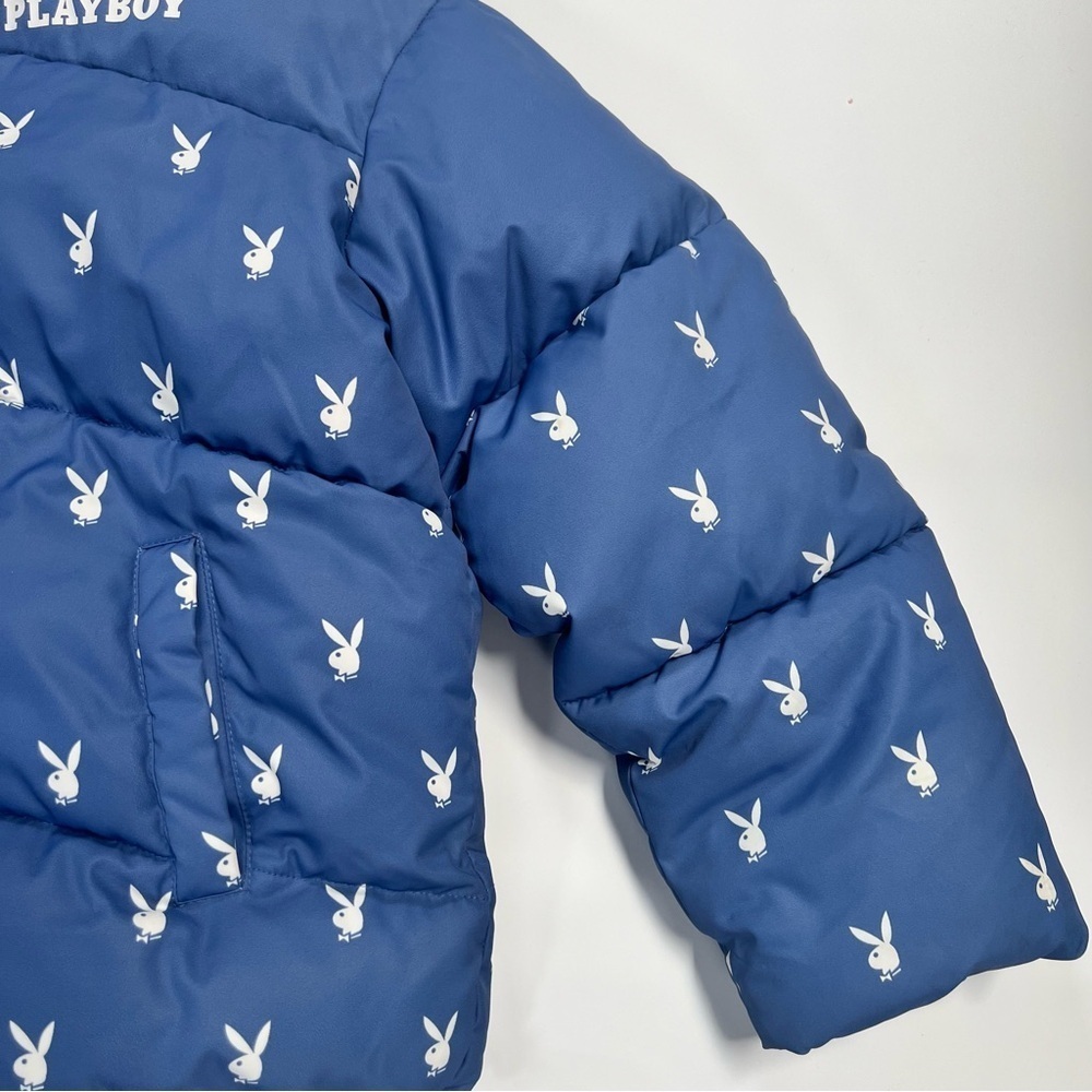 Playboy x Missguided Blue Logo Puffer Jacket Y2K Streetwear Size 8 Cropped Coat - Picture 4 of 9
